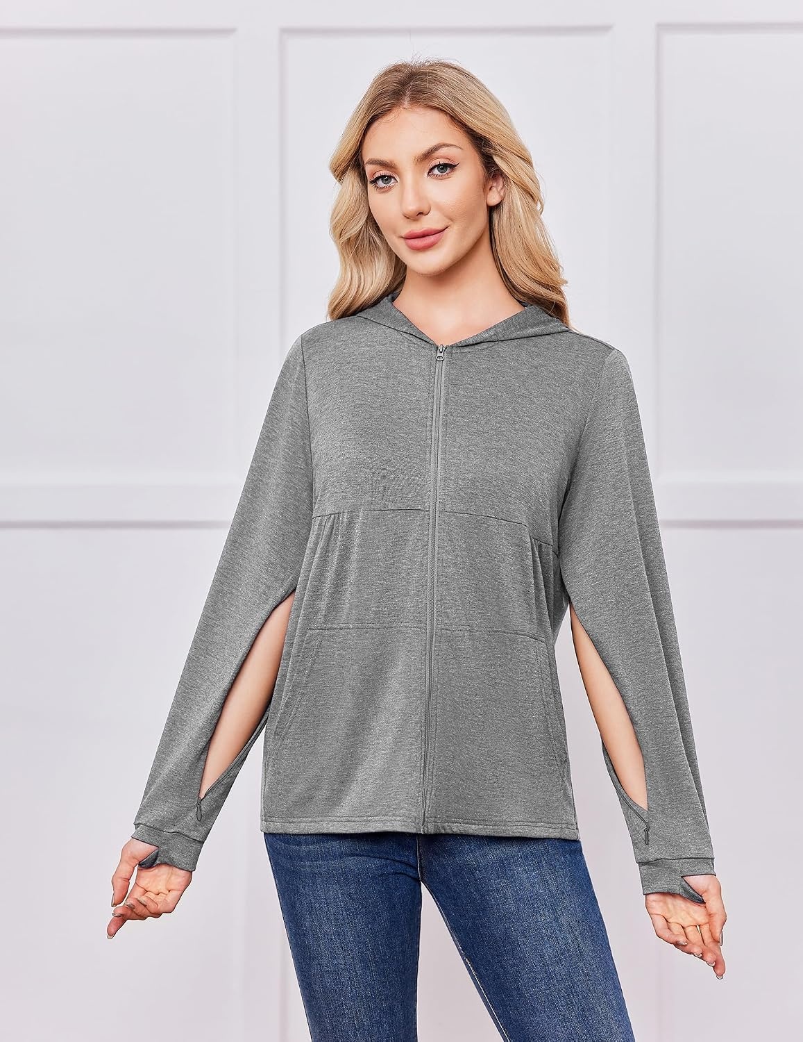 image:imageDeyeek Womens Mastectomy Dialysis Shirts with Drain Pockets amp Arm Zipper After Dialysis Sweatshirts with Arm Zipper Post Surgery Hoodie with 4 Drain Pockets Long Sleeve Chemo Shirt for Port AccessLight Grey