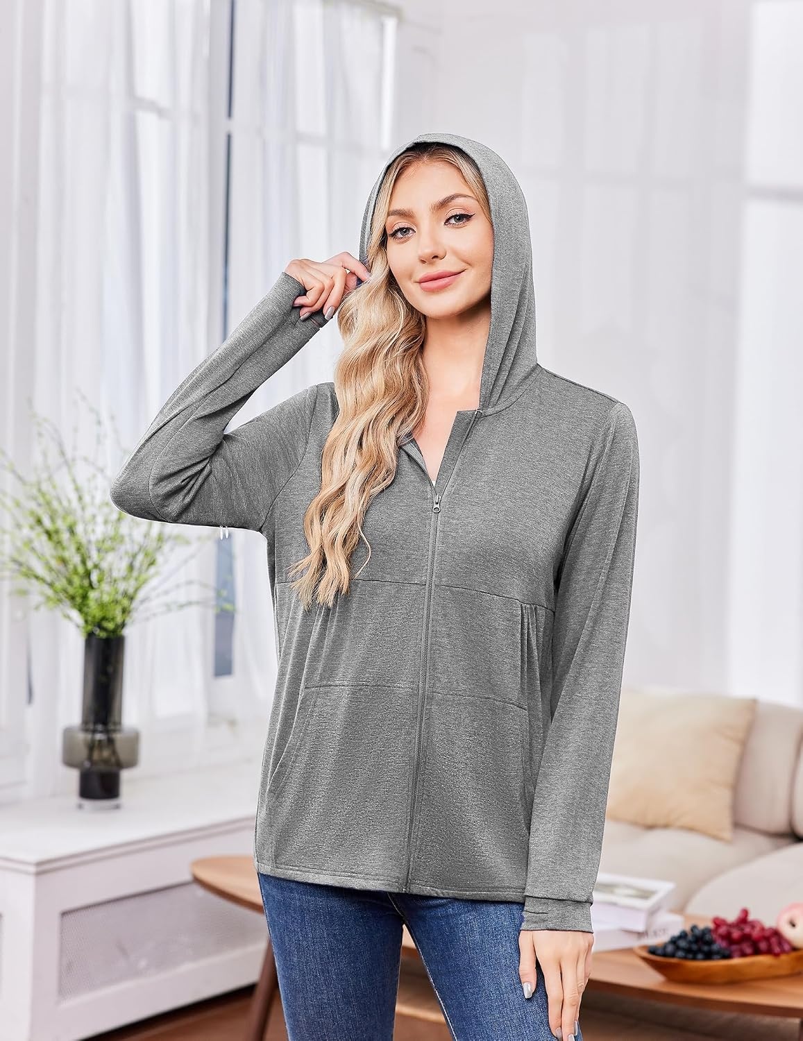 image:imageDeyeek Womens Mastectomy Dialysis Shirts with Drain Pockets amp Arm Zipper After Dialysis Sweatshirts with Arm Zipper Post Surgery Hoodie with 4 Drain Pockets Long Sleeve Chemo Shirt for Port AccessLight Grey