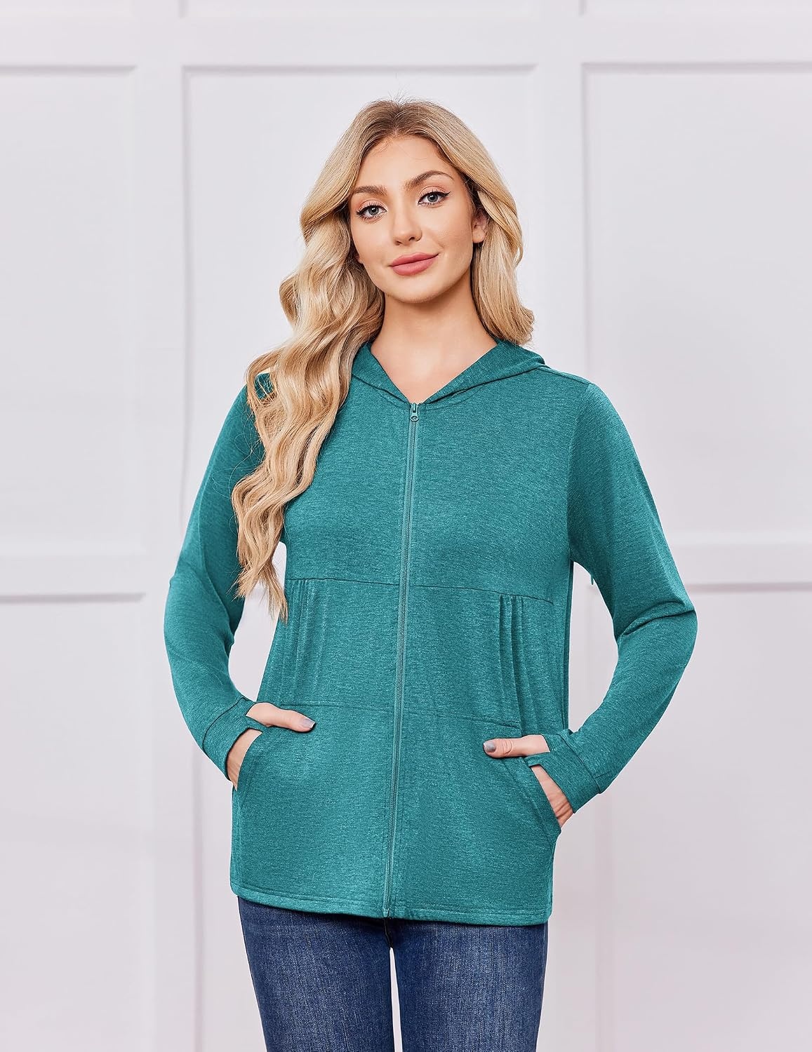image:imageDeyeek Womens Mastectomy Dialysis Shirts with Drain Pockets amp Arm Zipper After Dialysis Sweatshirts with Arm Zipper Post Surgery Hoodie with 4 Drain Pockets Long Sleeve Chemo Shirt for Port AccessPeacock Blue