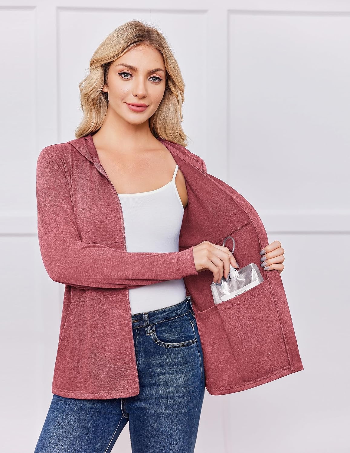 image:imageDeyeek Womens Mastectomy Dialysis Shirts with Drain Pockets amp Arm Zipper After Dialysis Sweatshirts with Arm Zipper Post Surgery Hoodie with 4 Drain Pockets Long Sleeve Chemo Shirt for Port AccessDark Pink