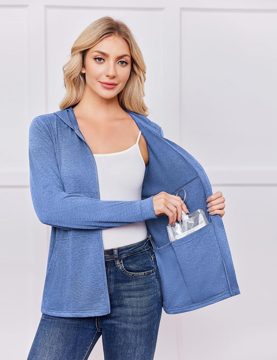 image:imageDeyeek Womens Mastectomy Dialysis Shirts with Drain Pockets amp Arm Zipper After Dialysis Sweatshirts with Arm Zipper Post Surgery Hoodie with 4 Drain Pockets Long Sleeve Chemo Shirt for Port AccessBlue