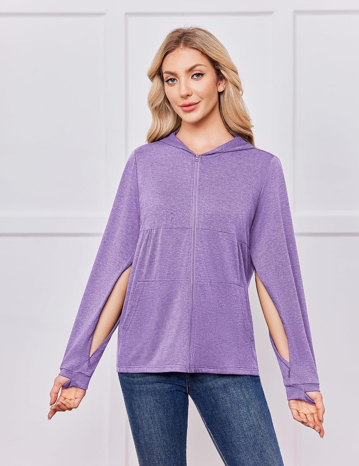 image:imageDeyeek Womens Mastectomy Dialysis Shirts with Drain Pockets amp Arm Zipper After Dialysis Sweatshirts with Arm Zipper Post Surgery Hoodie with 4 Drain Pockets Long Sleeve Chemo Shirt for Port AccessPurple