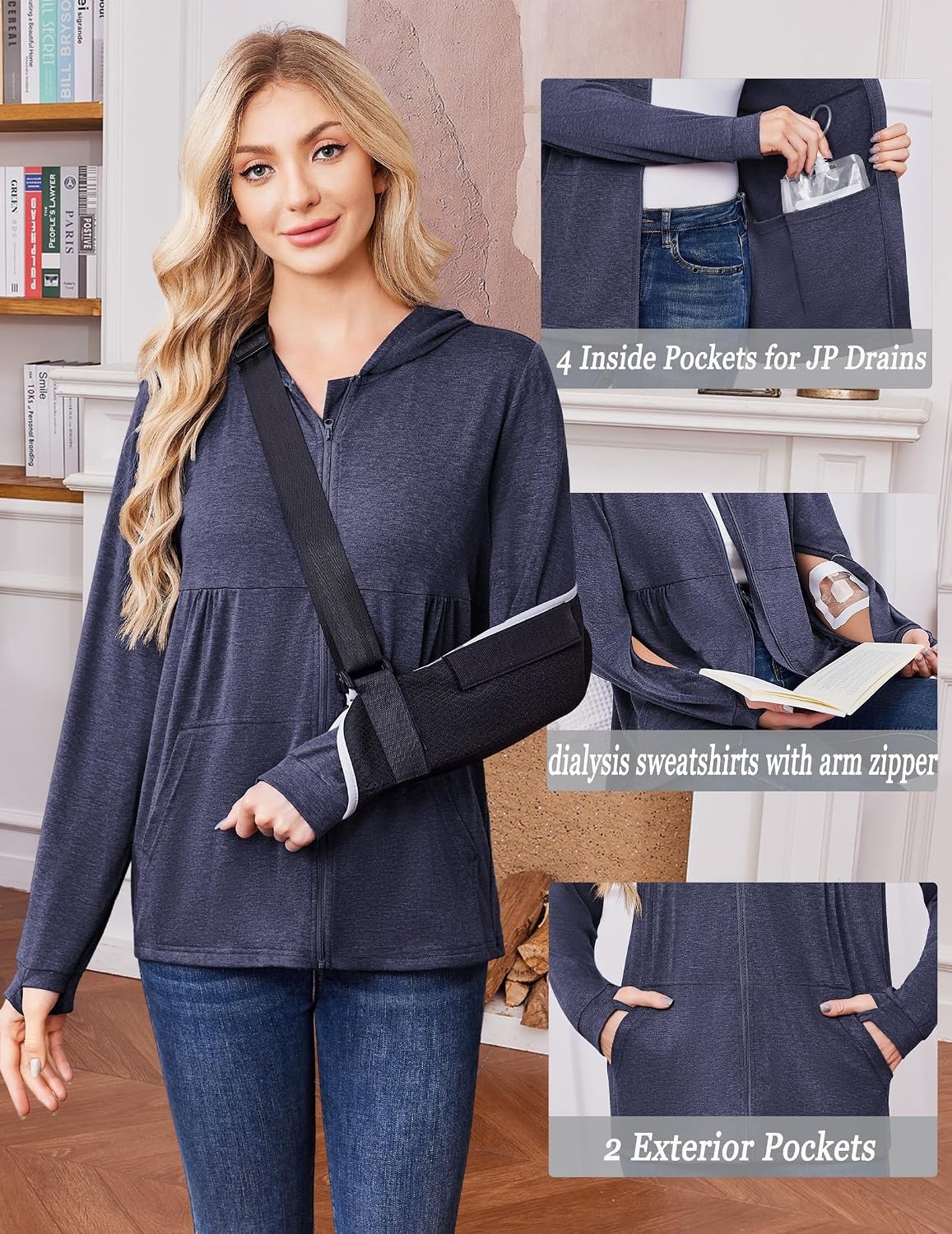 image:imageDeyeek Womens Mastectomy Dialysis Shirts with Drain Pockets amp Arm Zipper After Dialysis Sweatshirts with Arm Zipper Post Surgery Hoodie with 4 Drain Pockets Long Sleeve Chemo Shirt for Port AccessBlue Purple