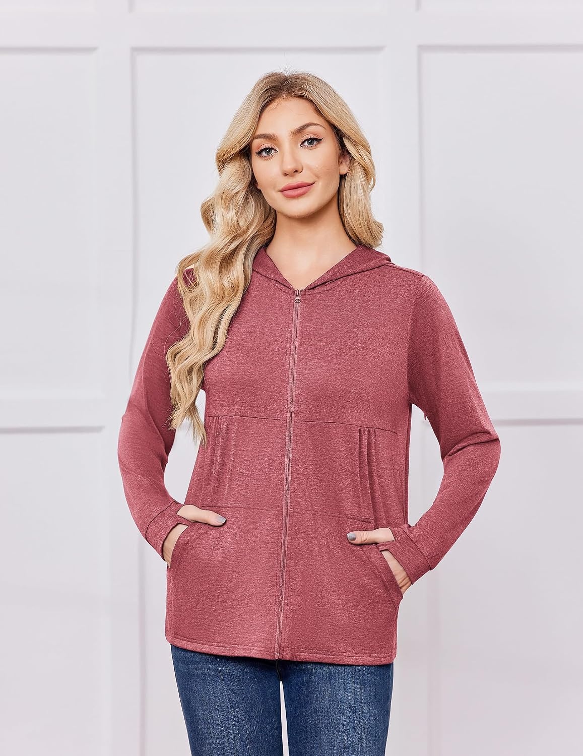 image:imageDeyeek Womens Mastectomy Dialysis Shirts with Drain Pockets amp Arm Zipper After Dialysis Sweatshirts with Arm Zipper Post Surgery Hoodie with 4 Drain Pockets Long Sleeve Chemo Shirt for Port AccessDark Pink