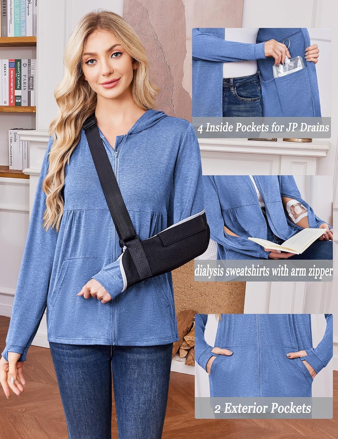 image:imageDeyeek Womens Mastectomy Dialysis Shirts with Drain Pockets amp Arm Zipper After Dialysis Sweatshirts with Arm Zipper Post Surgery Hoodie with 4 Drain Pockets Long Sleeve Chemo Shirt for Port AccessBlue