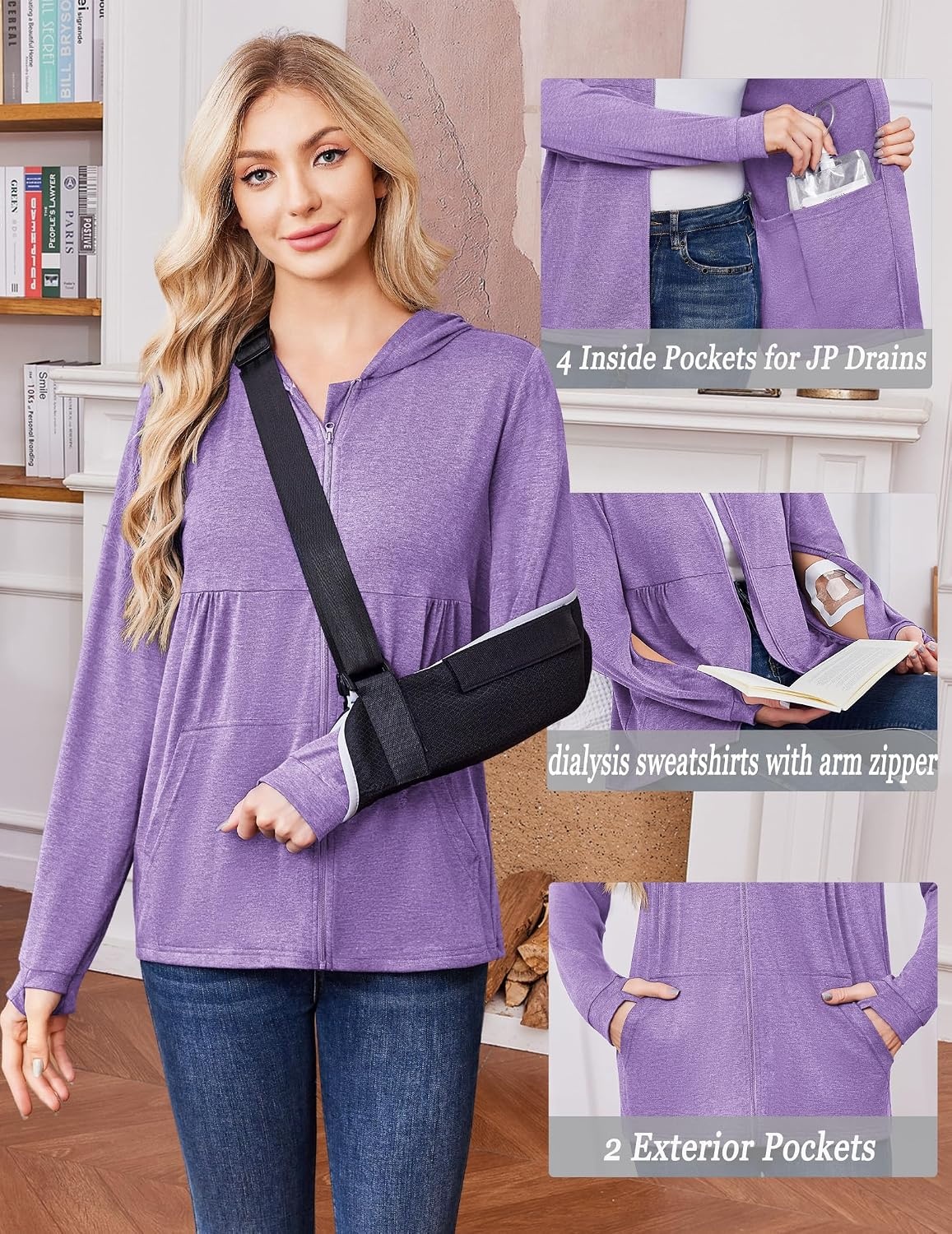 image:imageDeyeek Womens Mastectomy Dialysis Shirts with Drain Pockets amp Arm Zipper After Dialysis Sweatshirts with Arm Zipper Post Surgery Hoodie with 4 Drain Pockets Long Sleeve Chemo Shirt for Port AccessPurple