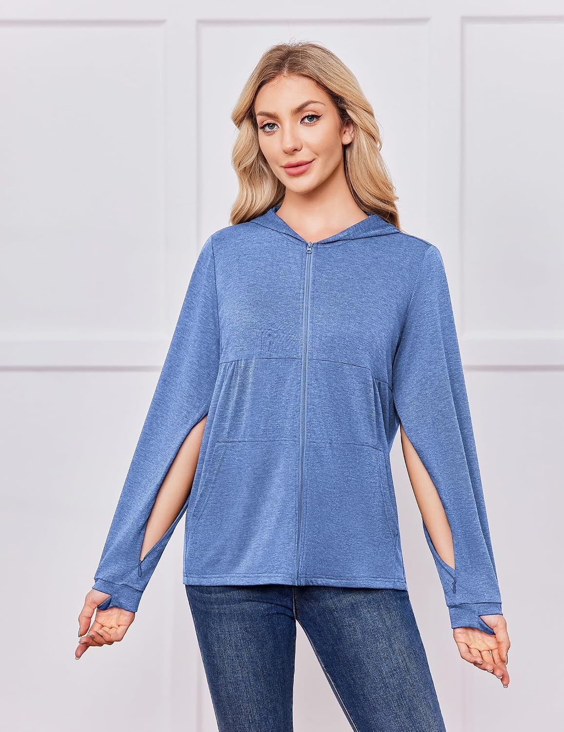 image:imageDeyeek Womens Mastectomy Dialysis Shirts with Drain Pockets amp Arm Zipper After Dialysis Sweatshirts with Arm Zipper Post Surgery Hoodie with 4 Drain Pockets Long Sleeve Chemo Shirt for Port AccessBlue