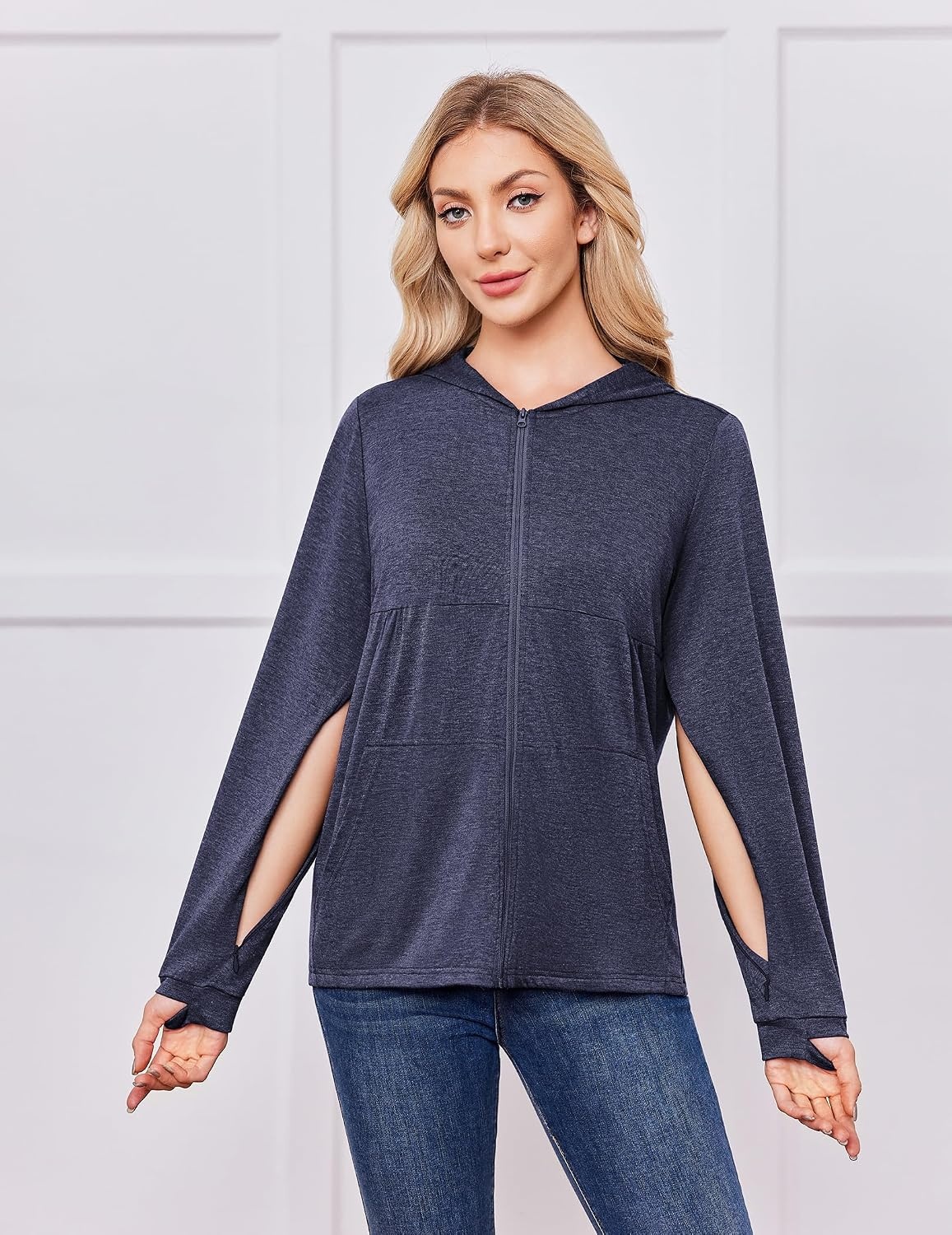 image:imageDeyeek Womens Mastectomy Dialysis Shirts with Drain Pockets amp Arm Zipper After Dialysis Sweatshirts with Arm Zipper Post Surgery Hoodie with 4 Drain Pockets Long Sleeve Chemo Shirt for Port AccessBlue Purple