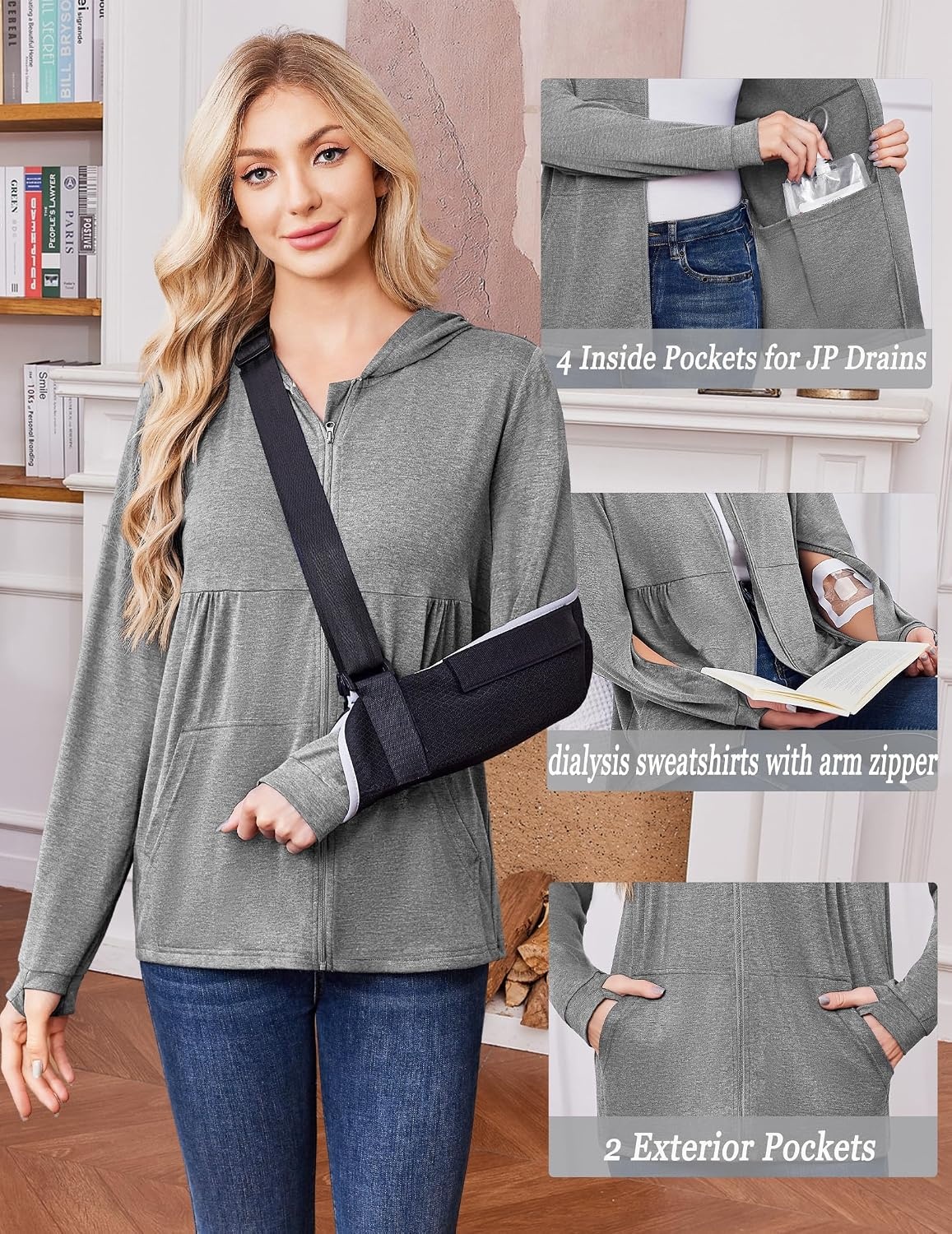 image:imageDeyeek Womens Mastectomy Dialysis Shirts with Drain Pockets amp Arm Zipper After Dialysis Sweatshirts with Arm Zipper Post Surgery Hoodie with 4 Drain Pockets Long Sleeve Chemo Shirt for Port AccessLight Grey