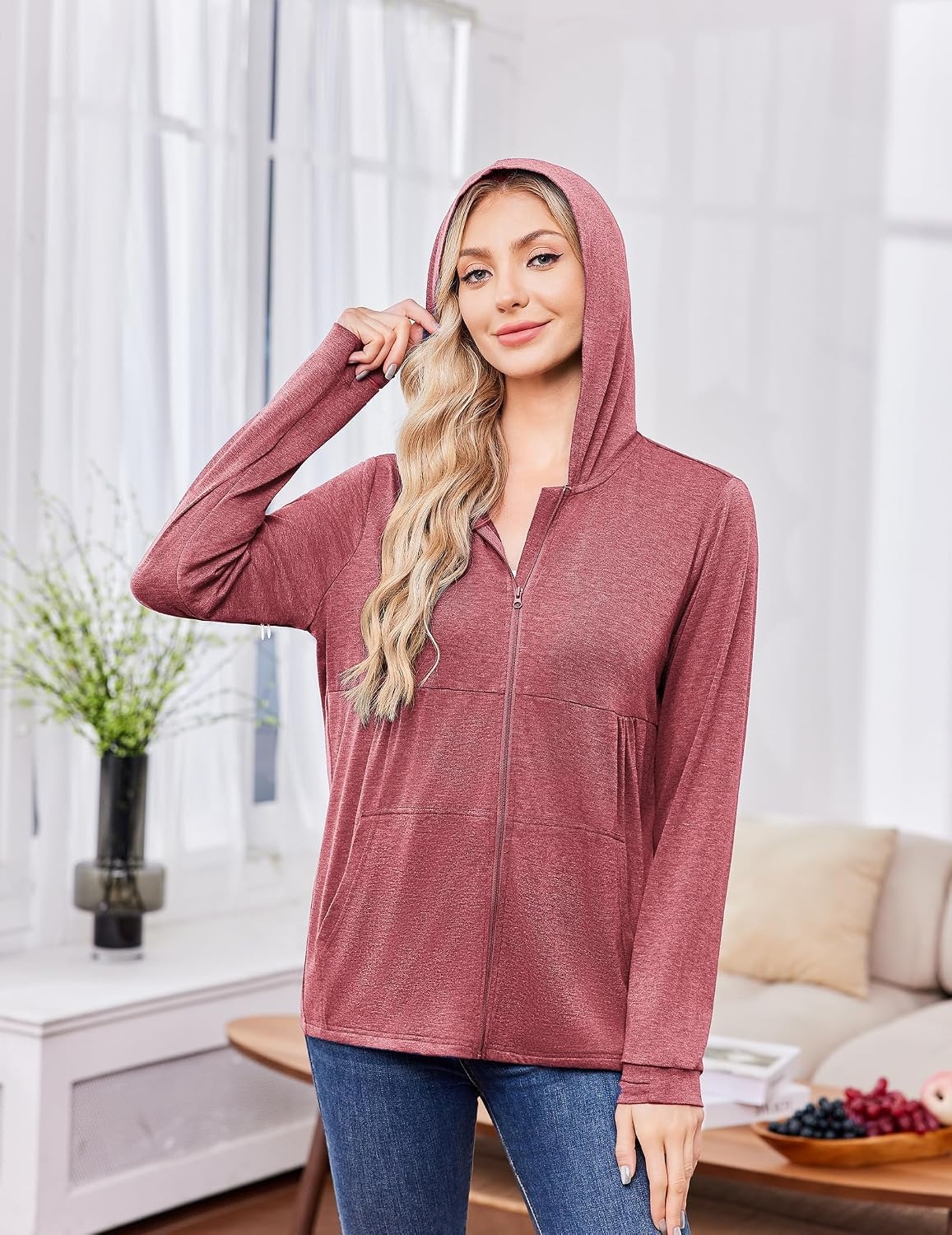 image:imageDeyeek Womens Mastectomy Dialysis Shirts with Drain Pockets amp Arm Zipper After Dialysis Sweatshirts with Arm Zipper Post Surgery Hoodie with 4 Drain Pockets Long Sleeve Chemo Shirt for Port AccessDark Pink