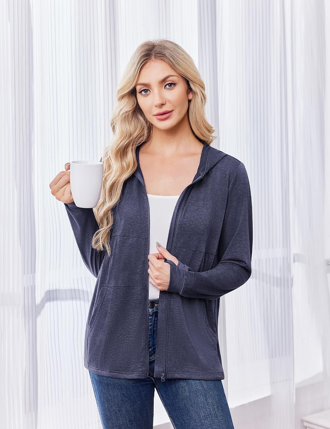 image:imageDeyeek Womens Mastectomy Dialysis Shirts with Drain Pockets amp Arm Zipper After Dialysis Sweatshirts with Arm Zipper Post Surgery Hoodie with 4 Drain Pockets Long Sleeve Chemo Shirt for Port AccessBlue Purple