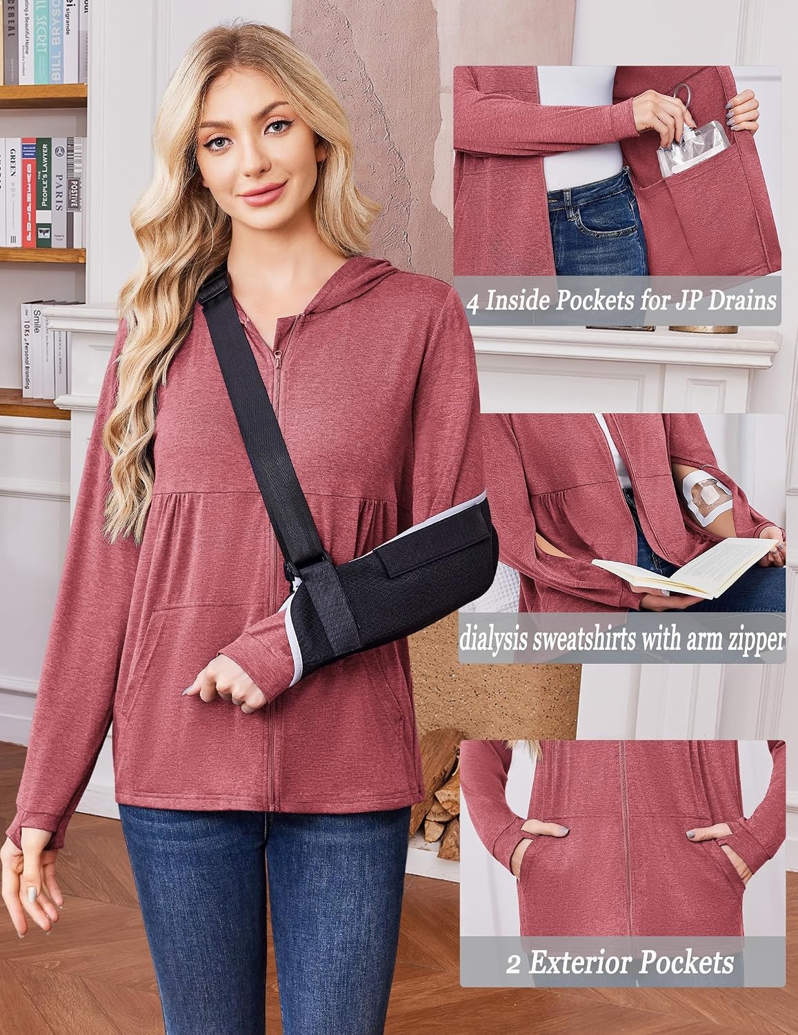 image:imageDeyeek Womens Mastectomy Dialysis Shirts with Drain Pockets amp Arm Zipper After Dialysis Sweatshirts with Arm Zipper Post Surgery Hoodie with 4 Drain Pockets Long Sleeve Chemo Shirt for Port AccessDark Pink