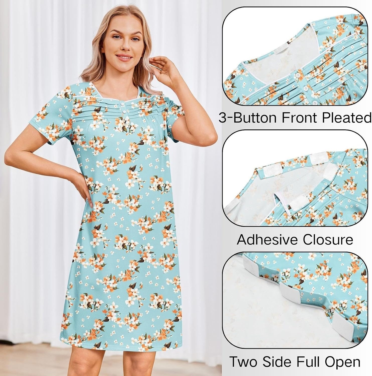 image:imageDeyeek Womens Shoulder Surgery Dress Full Tear Away Side Snap Chemo Gown Full Tearaway Side Snaps Open Sides Easy Access No Undressing Port Access Short Sleeve Chemo Dialysis Post SurgeryGreen Print