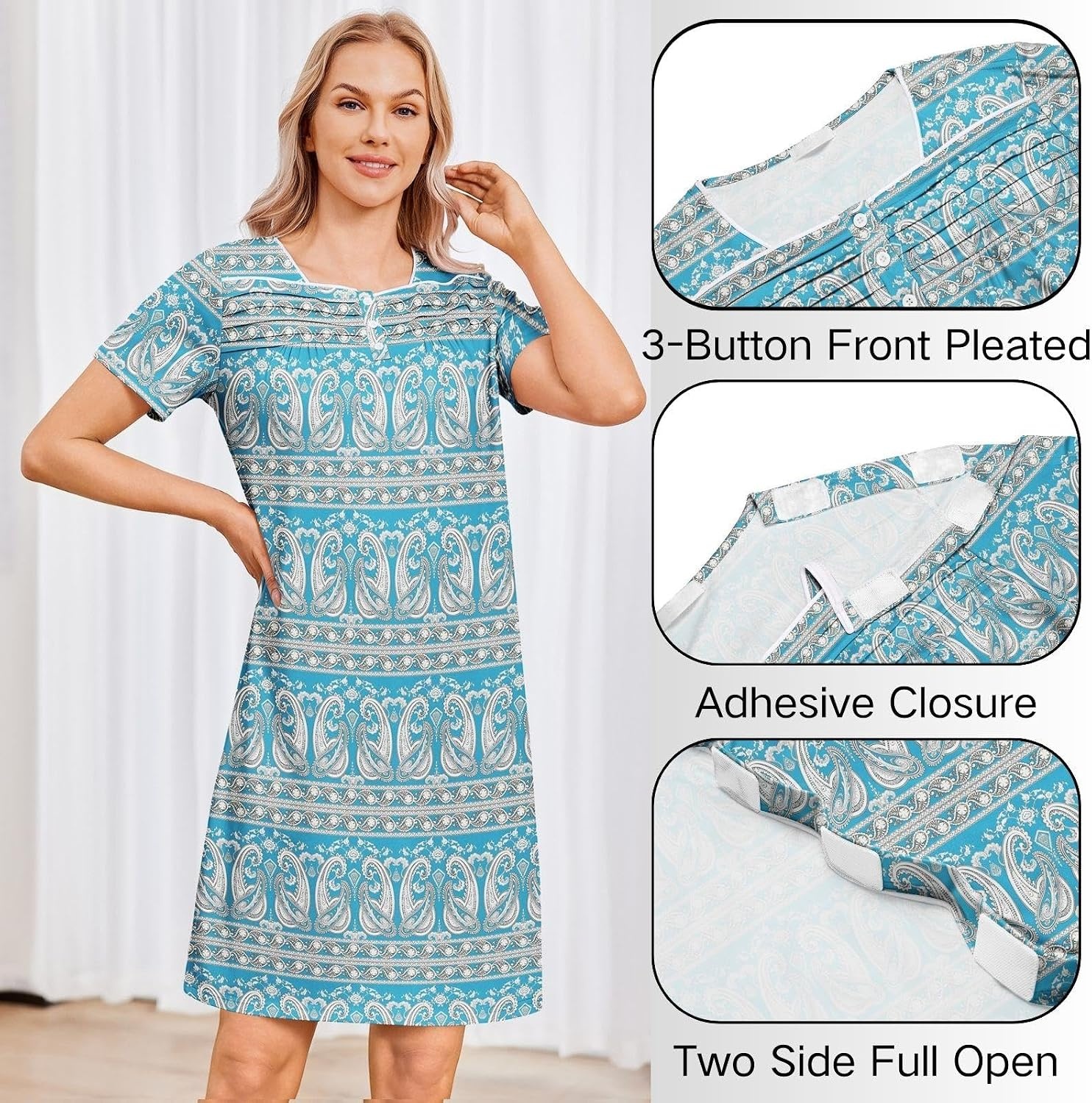 image:imageDeyeek Womens Shoulder Surgery Dress Full Tear Away Side Snap Chemo Gown Full Tearaway Side Snaps Open Sides Easy Access No Undressing Port Access Short Sleeve Chemo Dialysis Post SurgeryBlue Print