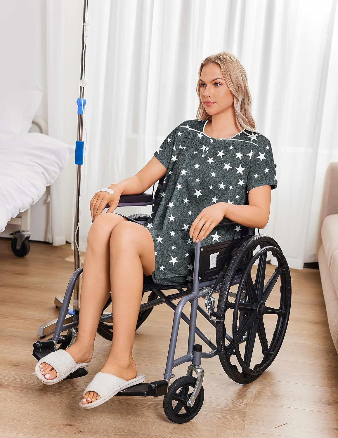image:imageDeyeek Womens Shoulder Surgery Dress Full Tear Away Side Snap Chemo Gown Full Tearaway Side Snaps Open Sides Easy Access No Undressing Port Access Short Sleeve Chemo Dialysis Post SurgeryGrey Print