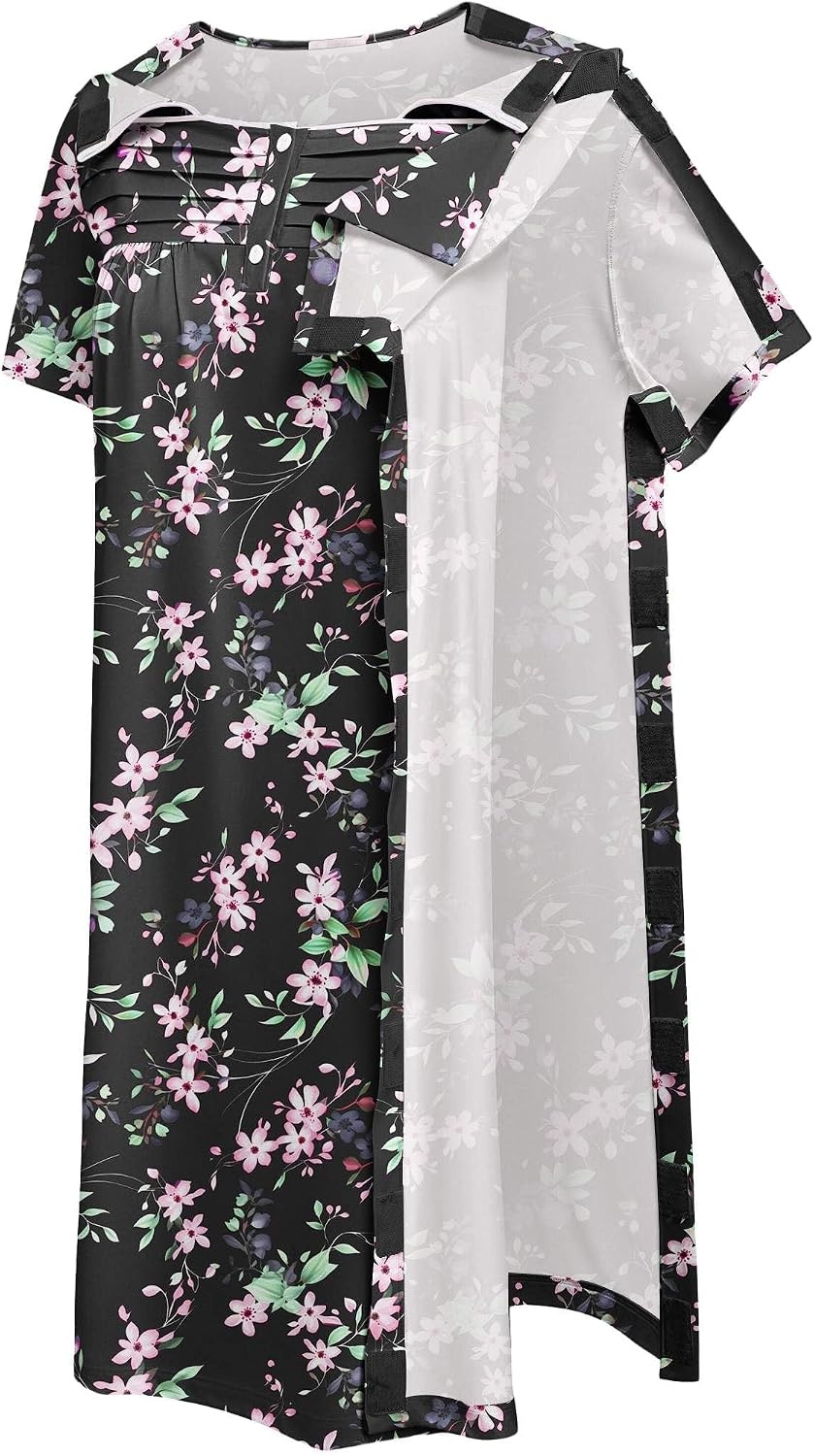 image:imageDeyeek Womens Shoulder Surgery Dress Full Tear Away Side Snap Chemo Gown Full Tearaway Side Snaps Open Sides Easy Access No Undressing Port Access Short Sleeve Chemo Dialysis Post SurgeryBlack Print