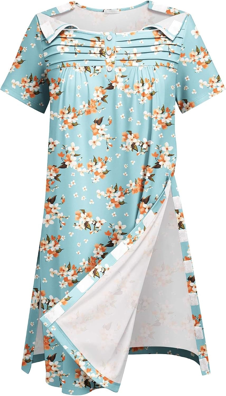 image:imageDeyeek Womens Shoulder Surgery Dress Full Tear Away Side Snap Chemo Gown Full Tearaway Side Snaps Open Sides Easy Access No Undressing Port Access Short Sleeve Chemo Dialysis Post SurgeryGreen Print