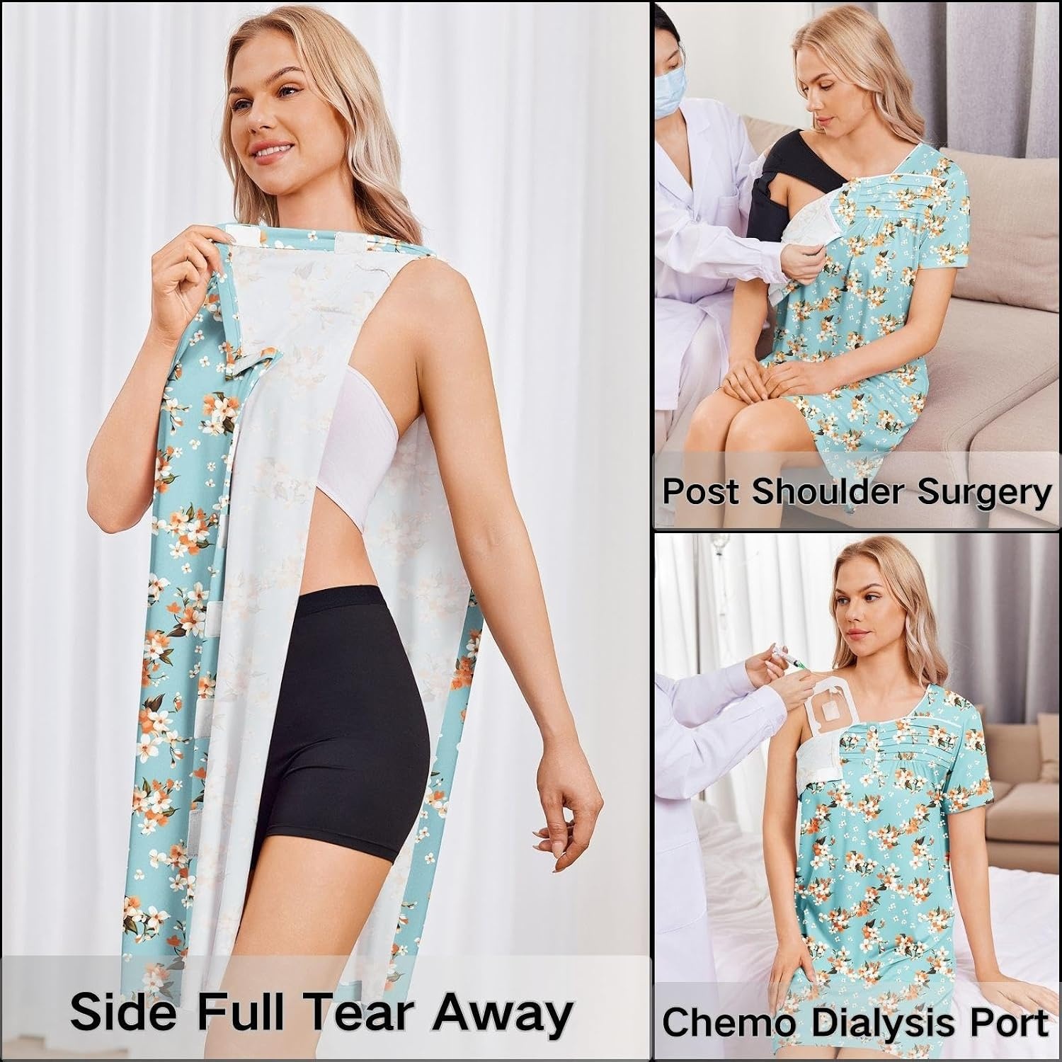 image:imageDeyeek Womens Shoulder Surgery Dress Full Tear Away Side Snap Chemo Gown Full Tearaway Side Snaps Open Sides Easy Access No Undressing Port Access Short Sleeve Chemo Dialysis Post SurgeryGreen Print