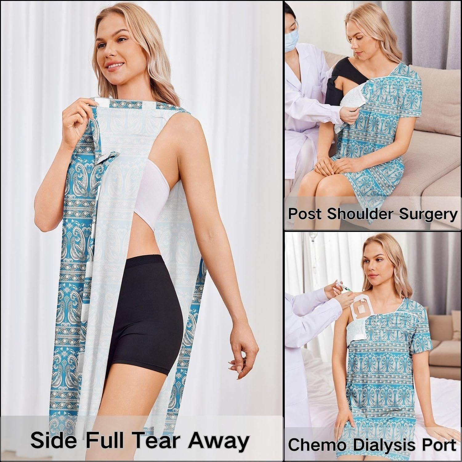 image:imageDeyeek Womens Shoulder Surgery Dress Full Tear Away Side Snap Chemo Gown Full Tearaway Side Snaps Open Sides Easy Access No Undressing Port Access Short Sleeve Chemo Dialysis Post SurgeryBlue Print