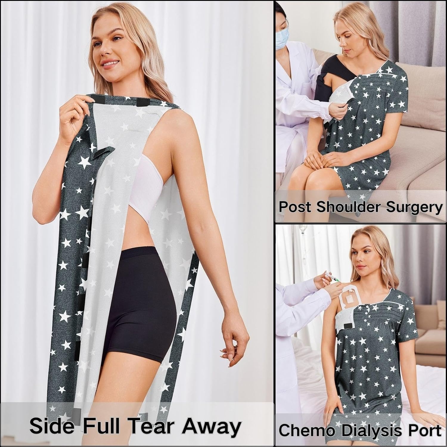 image:imageDeyeek Womens Shoulder Surgery Dress Full Tear Away Side Snap Chemo Gown Full Tearaway Side Snaps Open Sides Easy Access No Undressing Port Access Short Sleeve Chemo Dialysis Post SurgeryGrey Print