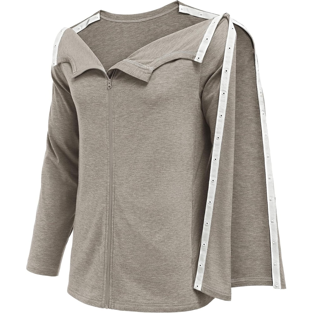image:imageDeyeek Mens Front Zip Post Shoulder Surgery Adaptive Shirt Full arm snap open design builtin pocket comfortable chemo recovery wear for shoulder injuryLight Tan
