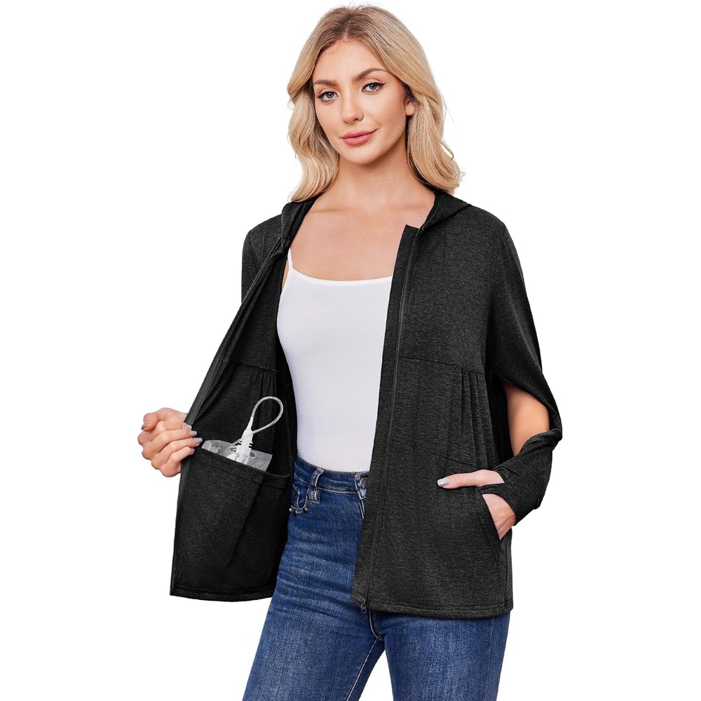 image:imageDeyeek Womens Mastectomy Dialysis Shirts with Drain Pockets amp Arm Zipper After Dialysis Sweatshirts with Arm Zipper Post Surgery Hoodie with 4 Drain Pockets Long Sleeve Chemo Shirt for Port AccessBlack
