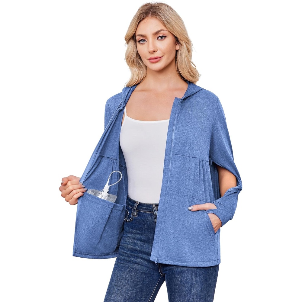 image:imageDeyeek Womens Mastectomy Dialysis Shirts with Drain Pockets amp Arm Zipper  After Dialysis Sweatshirts with Arm Zipper Post Surgery Hoodie with 4 Drain Pockets Long Sleeve Chemo Shirt for Port AccessBlue