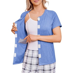 Deyeek Mastectomy Shirts with Drain Pockets for Women Short Sleeve Shirt | Chemotherapy Must Haves, Surgery Recovery Supplies(Blue)
