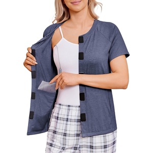 Deyeek Mastectomy Shirts with Drain Pockets for Women Short Sleeve Shirt | Chemotherapy Must Haves, Surgery Recovery Supplies(Blue Purple)