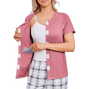 Deyeek Mastectomy Shirts with Drain Pockets for Women Short Sleeve Shirt | Chemotherapy Must Haves, Surgery Recovery Supplies(Purple Red)