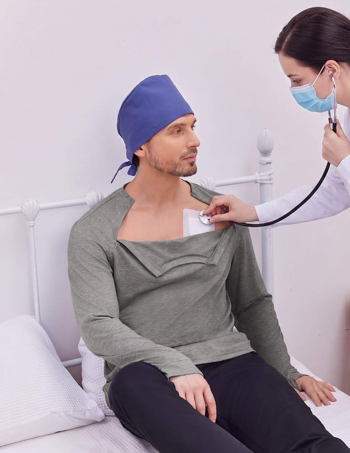 image:imageDeyeek Mens Chemo Port Access Shirts with 2 Side Arm Zippers Ideal for chemotherapy post surgery and dialysis Comfortable cancer shirts designed for easy and discreet medical accessLight Grey