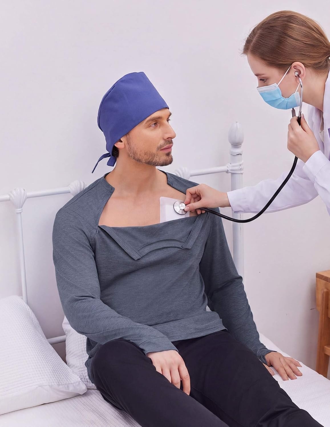 image:imageDeyeek Mens Chemo Port Access Shirts with 2 Side Arm Zippers Ideal for chemotherapy post surgery and dialysis Comfortable cancer shirts designed for easy and discreet medical accessNavy Blue