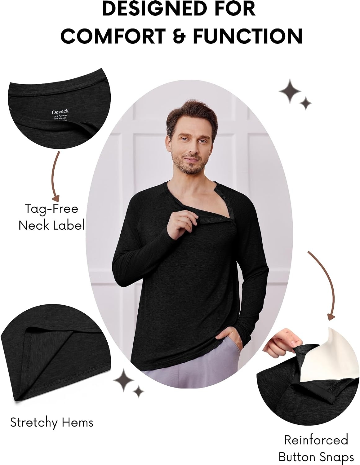 image:imageDeyeek Mens Side Snap Long Sleeve Chemo Port Recovery ShirtsBlack