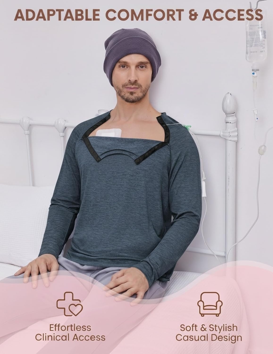 image:imageDeyeek Mens Side Snap Long Sleeve Chemo Port Recovery ShirtsBlue Purple