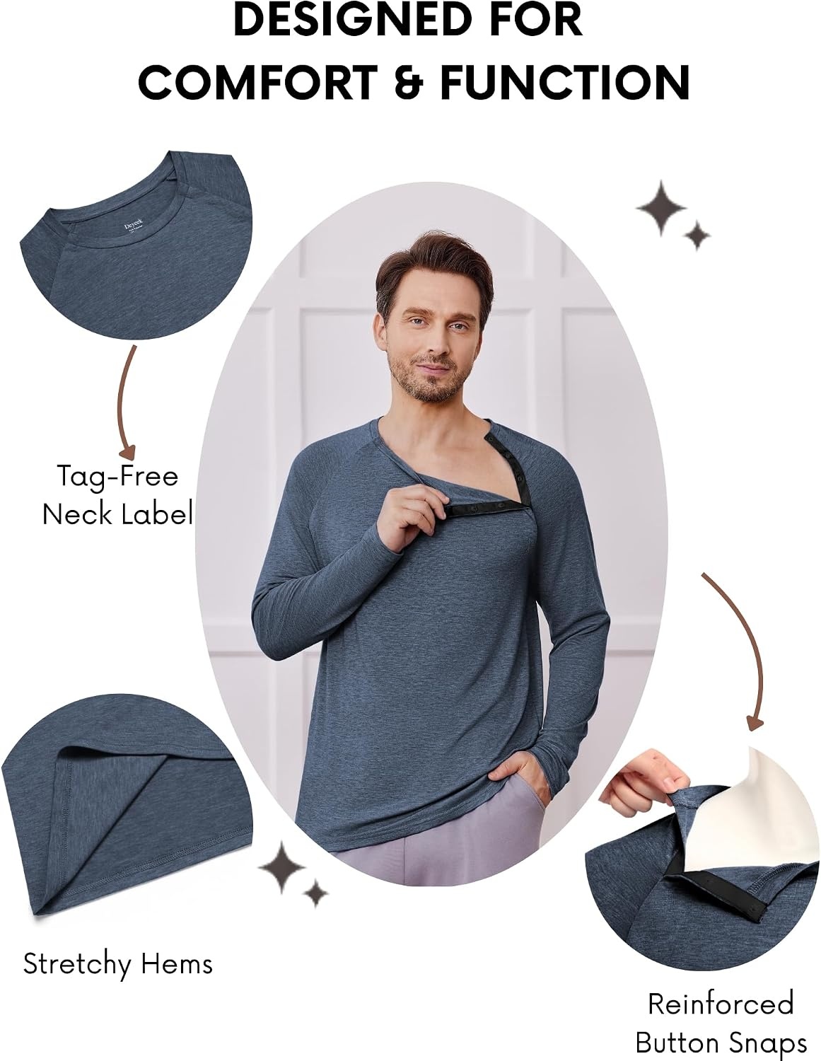 image:imageDeyeek Mens Side Snap Long Sleeve Chemo Port Recovery ShirtsBlue Purple