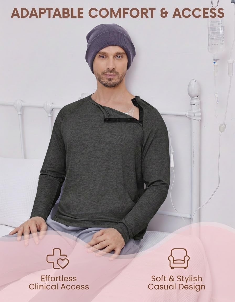 image:imageDeyeek Mens Side Snap Long Sleeve Chemo Port Recovery ShirtsDark Gray