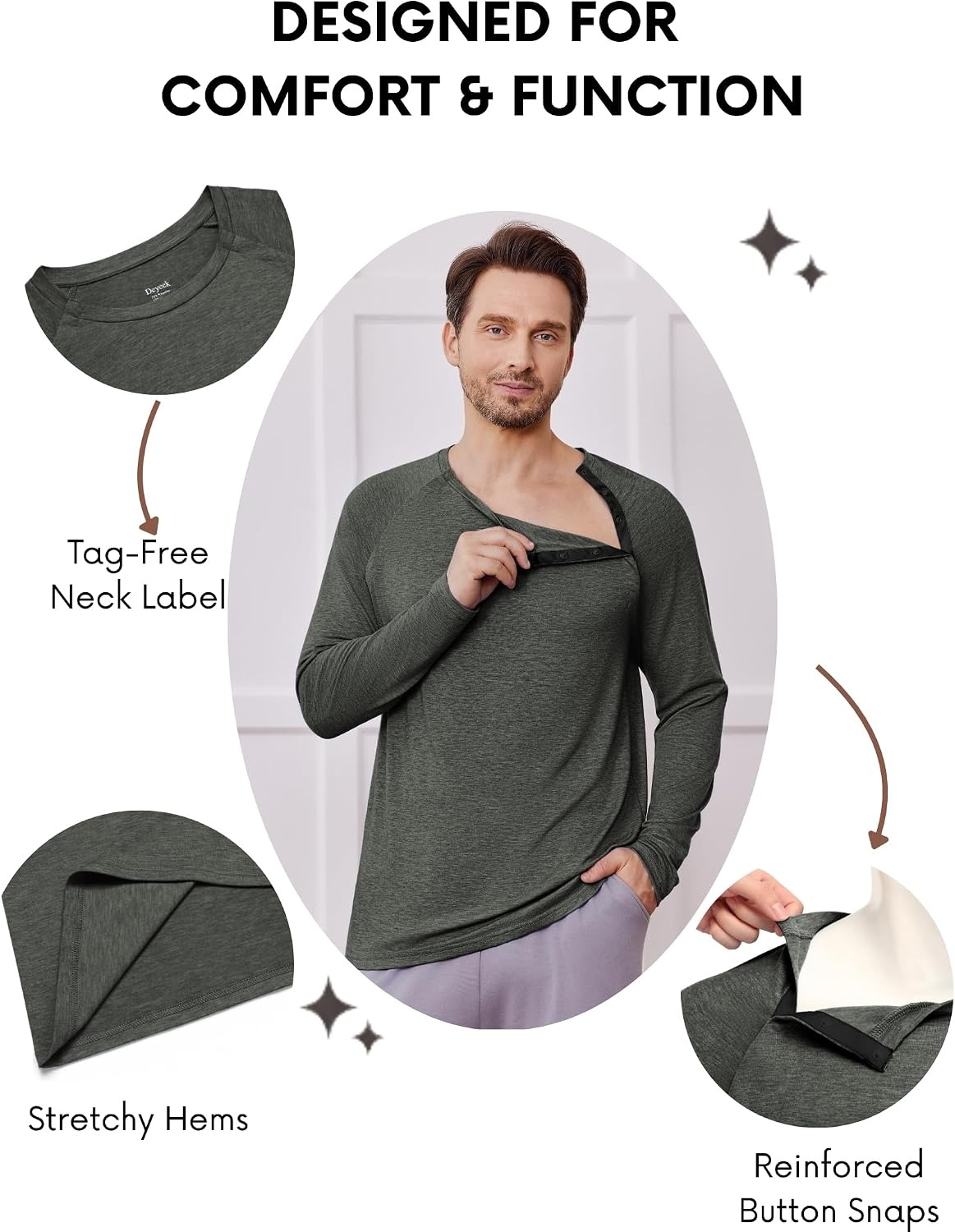 image:imageDeyeek Mens Side Snap Long Sleeve Chemo Port Recovery ShirtsDark Green