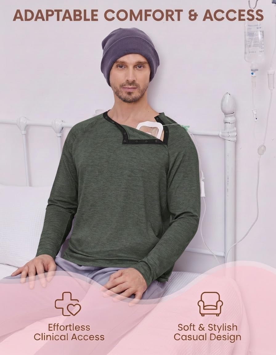 image:imageDeyeek Mens Side Snap Long Sleeve Chemo Port Recovery ShirtsDark Green