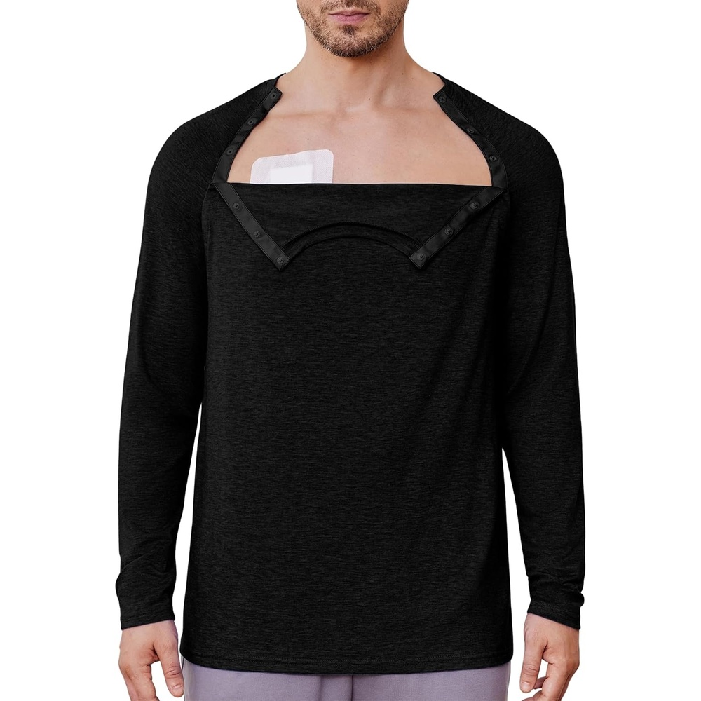 image:imageDeyeek Mens Side Snap Long Sleeve Chemo Port Recovery ShirtsBlack