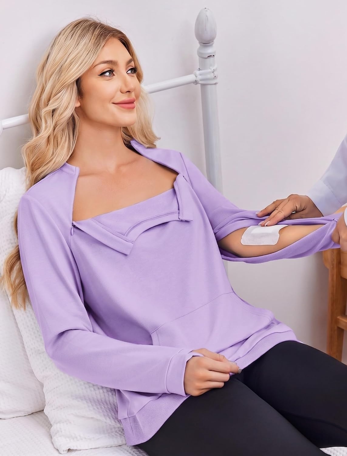 image:imageDeyeek Chemo Shirts for Port Access Womens Post Surgery Dialysis Sweatshirt Long Sleeve Arm Zipper Chemotherapy Must Haves Adaptive ClothingPurple