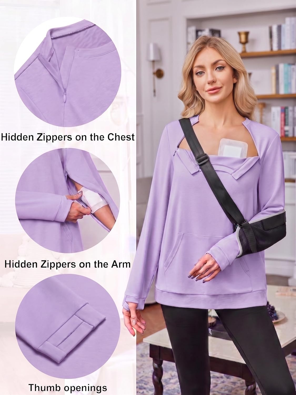 image:imageDeyeek Chemo Shirts for Port Access Womens Post Surgery Dialysis Sweatshirt Long Sleeve Arm Zipper Chemotherapy Must Haves Adaptive ClothingPurple