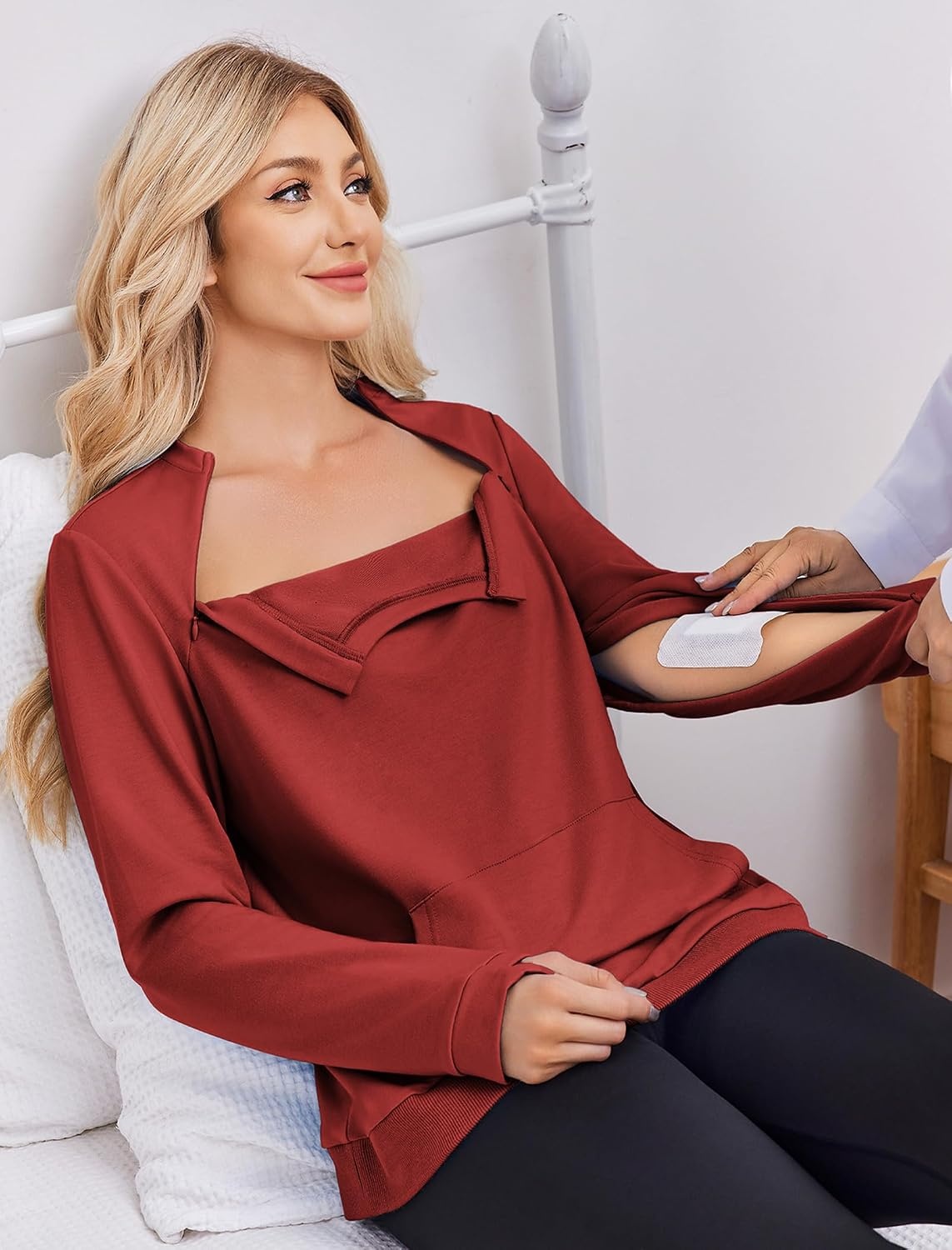 image:imageDeyeek Chemo Shirts for Port Access Womens Post Surgery Dialysis Sweatshirt Long Sleeve Arm Zipper Chemotherapy Must Haves Adaptive ClothingWine Red