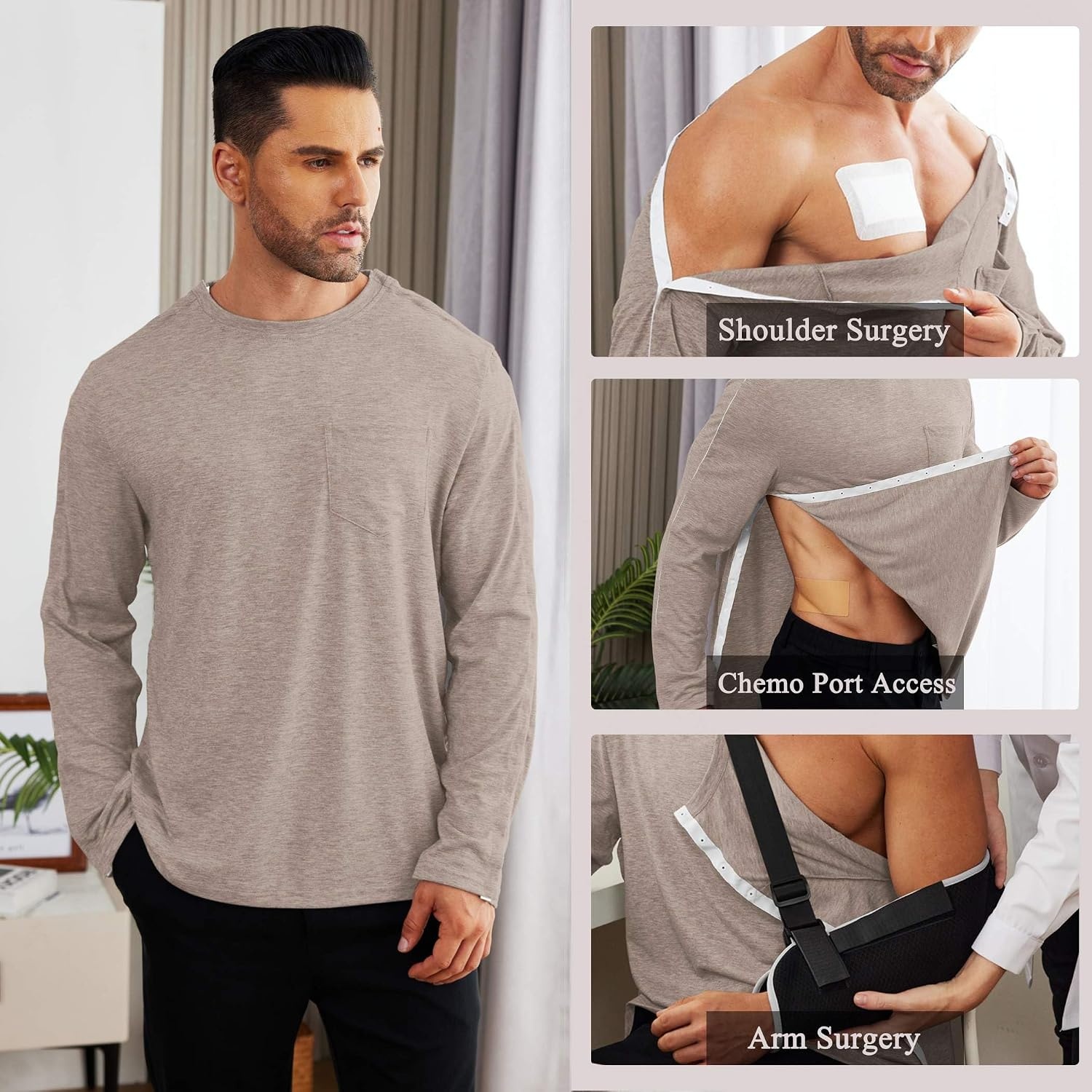 image:imageDeyeek Mens Post Shoulder Surgery Recovery Shirt Tear Away Snap Chemo Top Full Tear Away Snaps for Easy Dressing Ideal for Shoulder Surgery Recovery Rotator Cuff Chemo Port Access amp DialysisKhaki