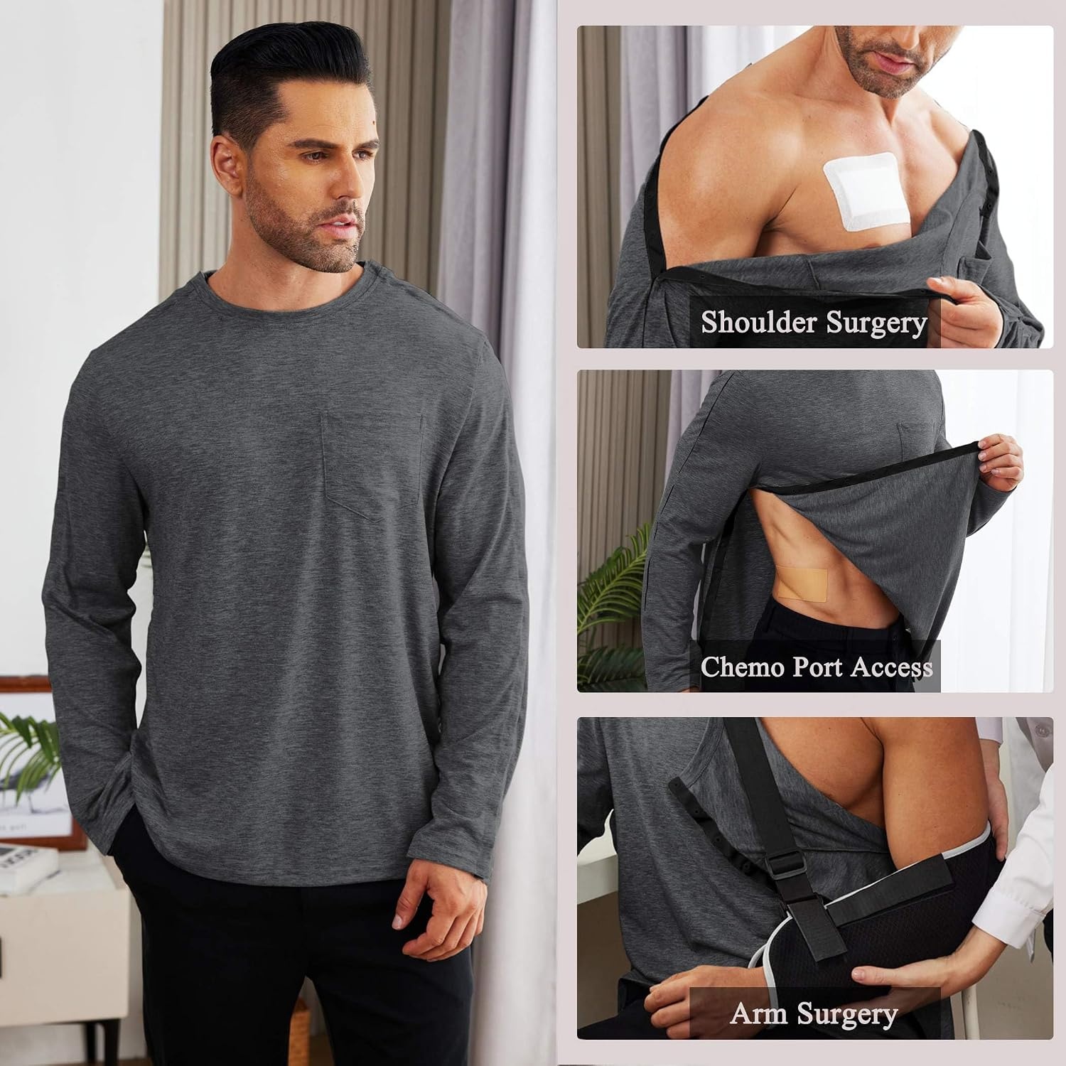image:imageDeyeek Mens Post Shoulder Surgery Recovery Shirt Tear Away Snap Chemo Top Full Tear Away Snaps for Easy Dressing Ideal for Shoulder Surgery Recovery Rotator Cuff Chemo Port Access amp DialysisDark Gray