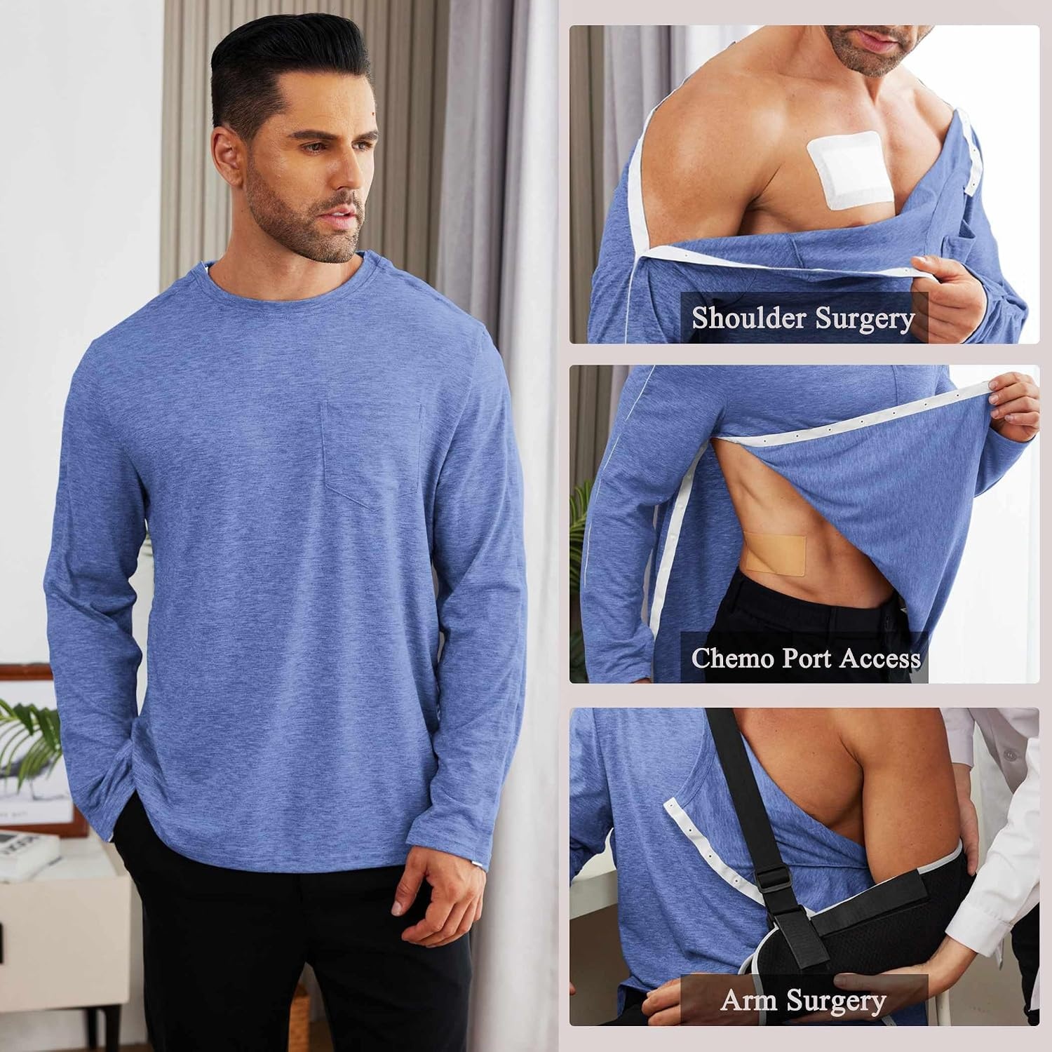 image:imageDeyeek Mens Post Shoulder Surgery Recovery Shirt Tear Away Snap Chemo Top Full Tear Away Snaps for Easy Dressing Ideal for Shoulder Surgery Recovery Rotator Cuff Chemo Port Access amp DialysisBlue