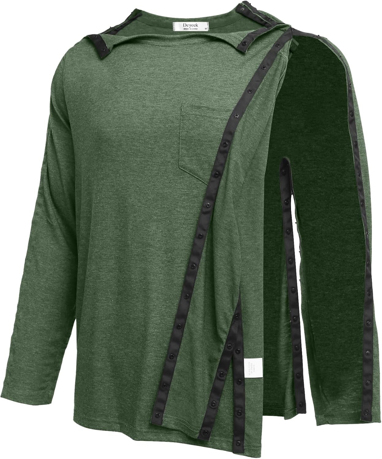 image:imageDeyeek Mens Post Shoulder Surgery Recovery Shirt Tear Away Snap Chemo Top Full Tear Away Snaps for Easy Dressing Ideal for Shoulder Surgery Recovery Rotator Cuff Chemo Port Access amp DialysisArmy Green