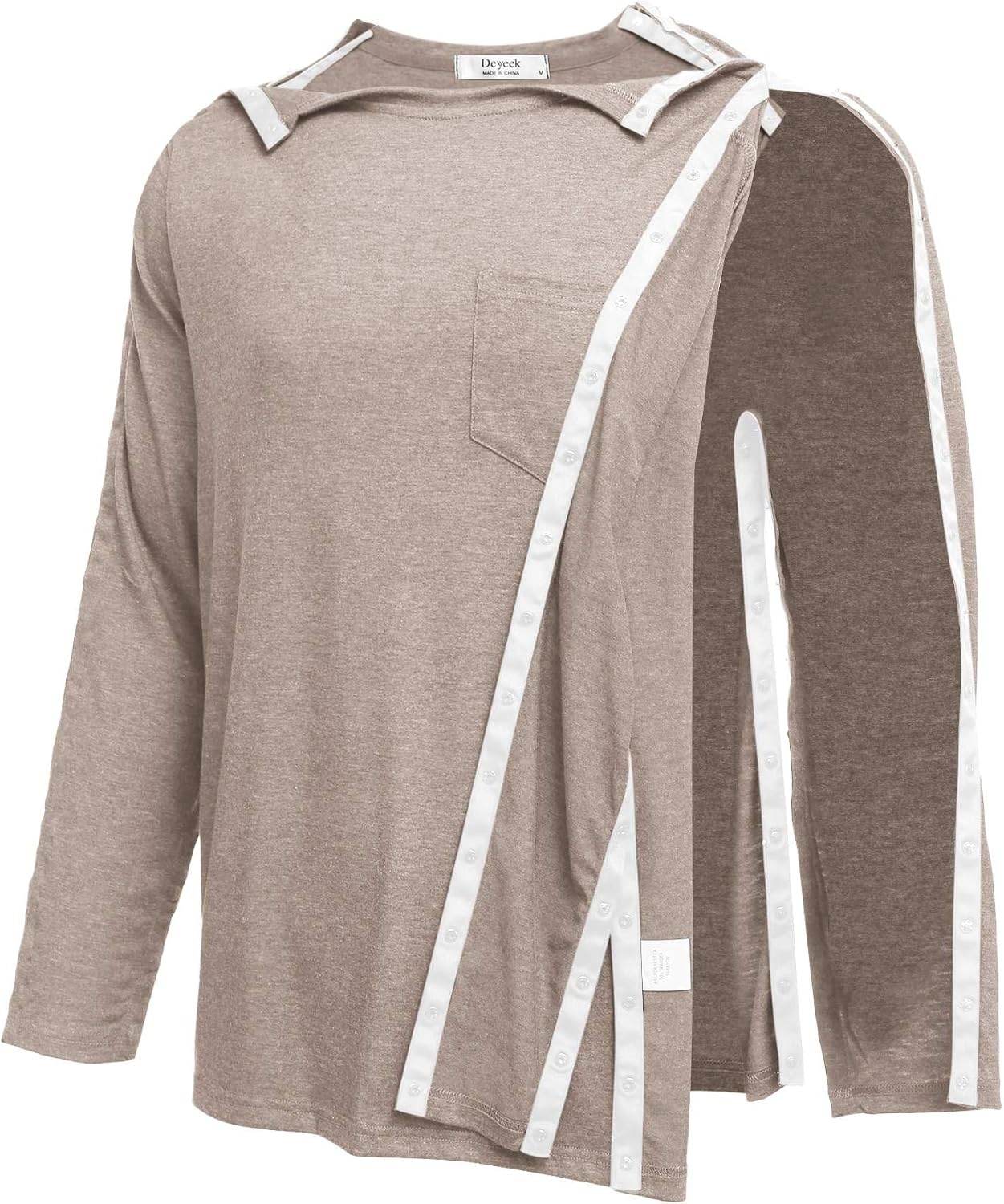 image:imageDeyeek Mens Post Shoulder Surgery Recovery Shirt Tear Away Snap Chemo Top Full Tear Away Snaps for Easy Dressing Ideal for Shoulder Surgery Recovery Rotator Cuff Chemo Port Access amp DialysisKhaki