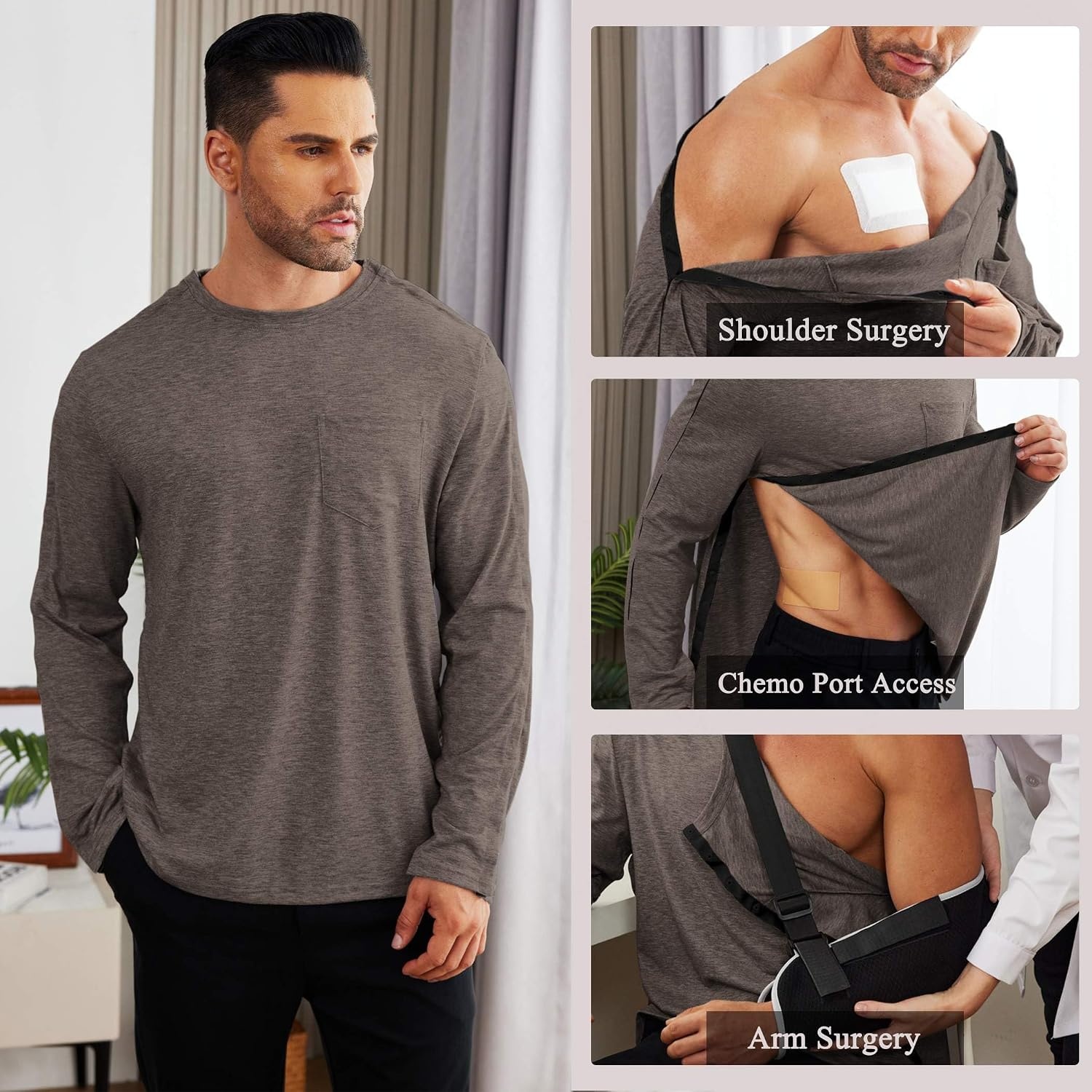 image:imageDeyeek Mens Post Shoulder Surgery Recovery Shirt Tear Away Snap Chemo Top Full Tear Away Snaps for Easy Dressing Ideal for Shoulder Surgery Recovery Rotator Cuff Chemo Port Access amp DialysisBrown