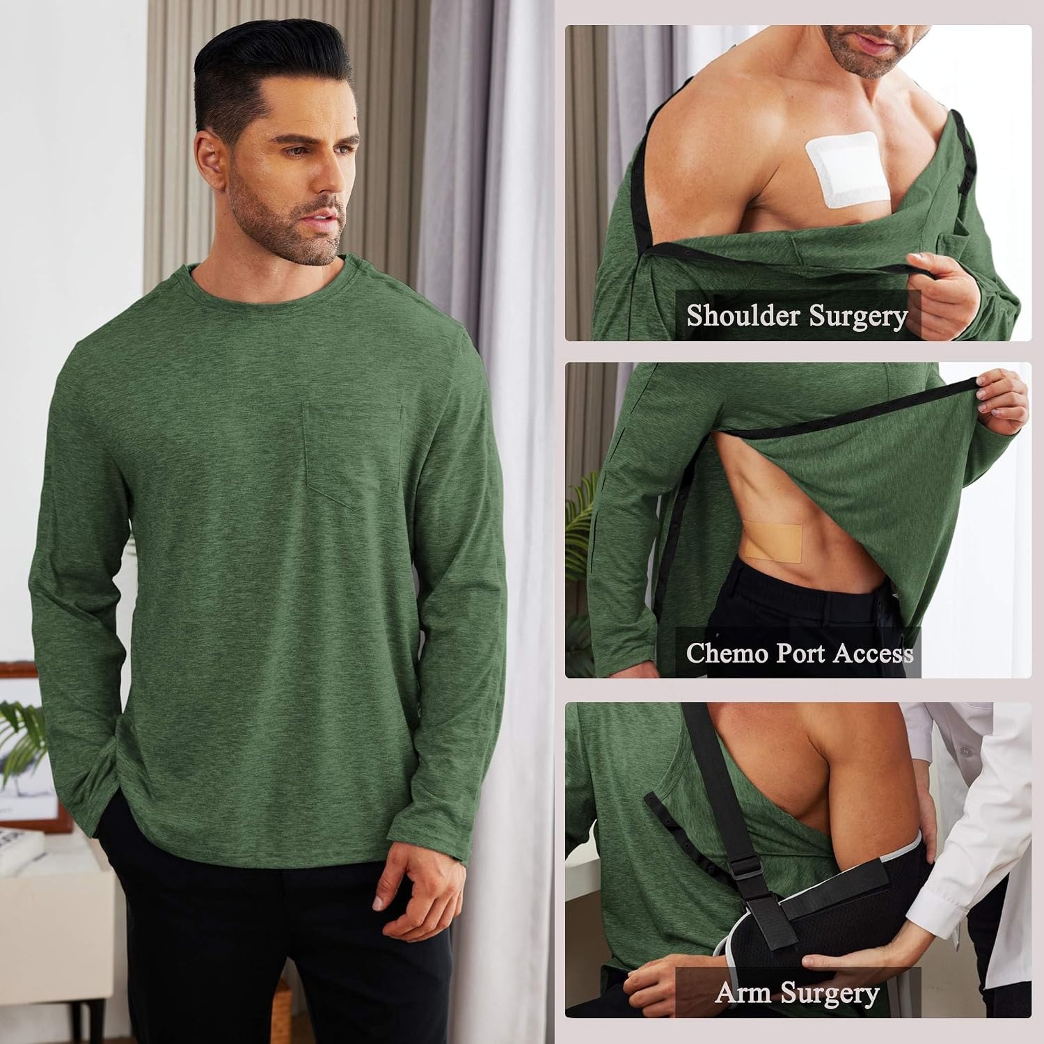 image:imageDeyeek Mens Post Shoulder Surgery Recovery Shirt Tear Away Snap Chemo Top Full Tear Away Snaps for Easy Dressing Ideal for Shoulder Surgery Recovery Rotator Cuff Chemo Port Access amp DialysisArmy Green