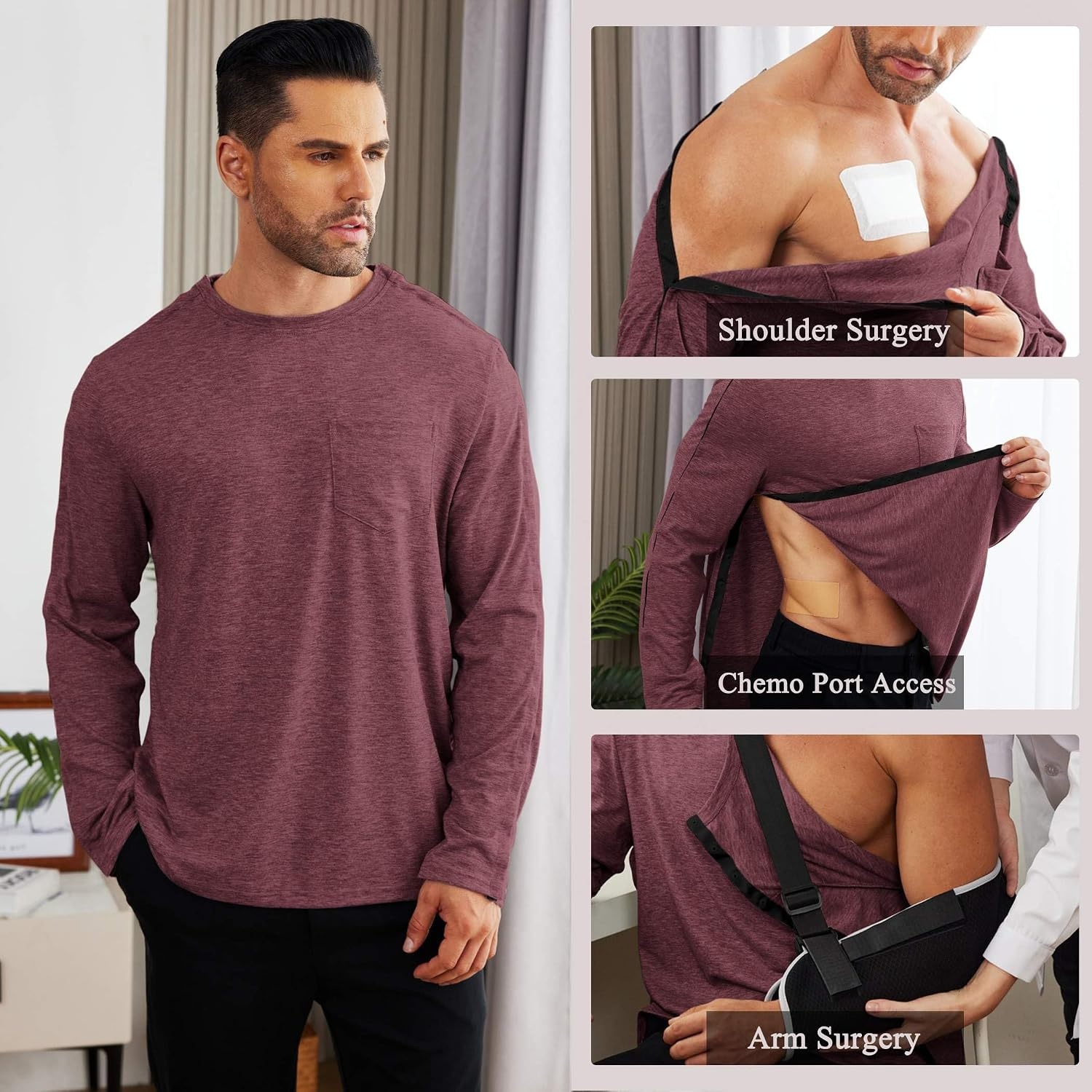 image:imageDeyeek Mens Post Shoulder Surgery Recovery Shirt Tear Away Snap Chemo Top Full Tear Away Snaps for Easy Dressing Ideal for Shoulder Surgery Recovery Rotator Cuff Chemo Port Access amp DialysisDark Red